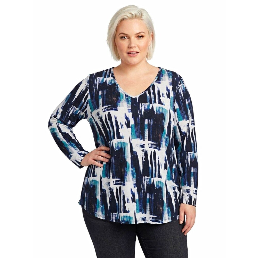Simply Vera Vera Wang Tunic Top Womens 3X Blue Abstract V-Neck Long Slv Stretch